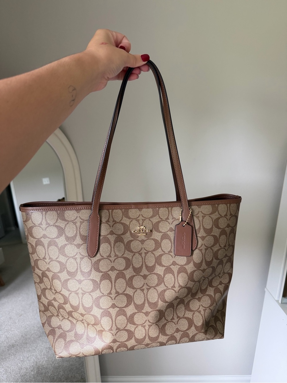 Coach City Tan Signature Canvas Tote with Brown Trim